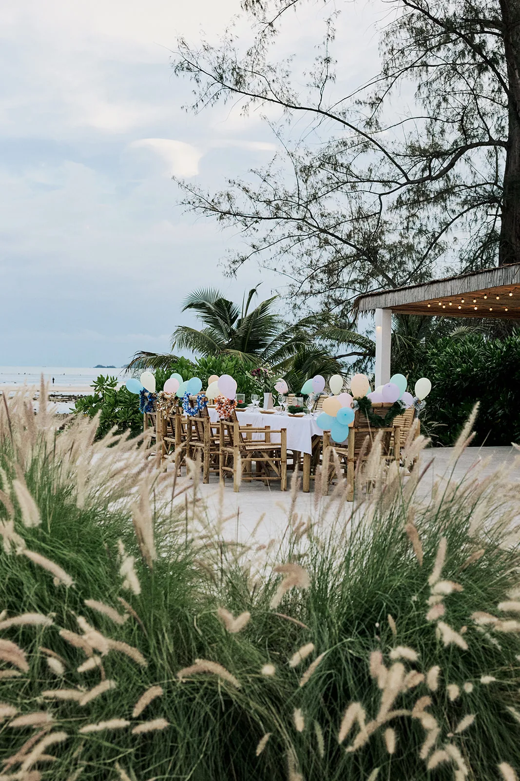 A celebration table set on the lawn, glimpsed through the grasses
