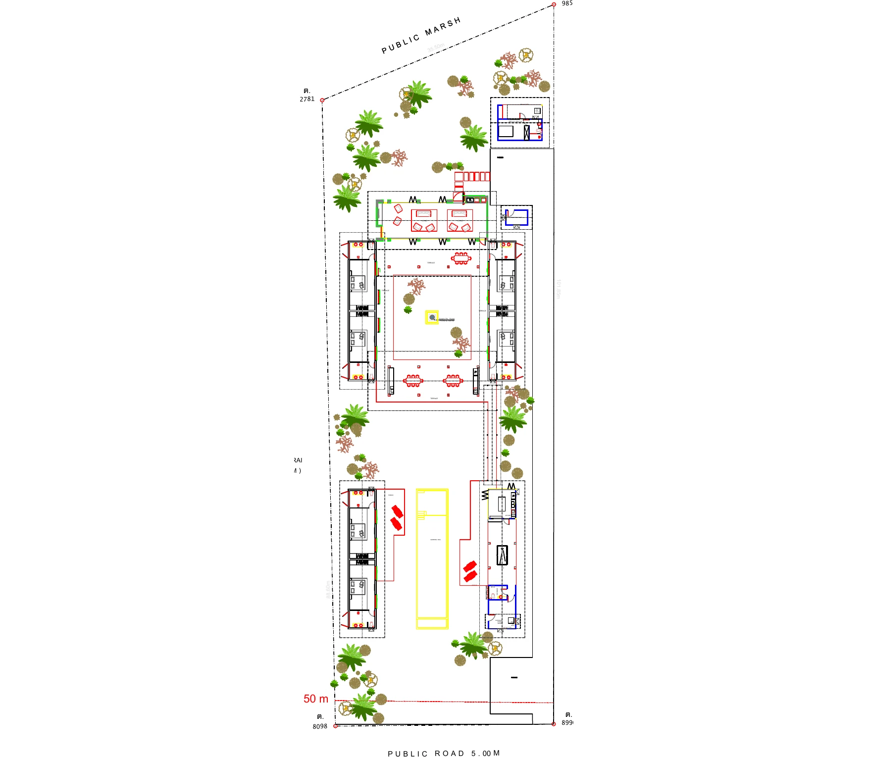 Architectural floor plan of Villa Aditi's beachfront estate showing six en-suite bedrooms around the central lap pool courtyard, open-air living and dining pavilions, kitchen and gardens, Bang Kao Beach, Koh Samui