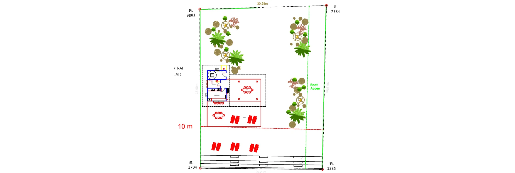 Site plan of Villa Aditi's private beachfront plot with open-air beach pavilion, dining tables, sunbeds and beach access on Bang Kao Beach, Koh Samui