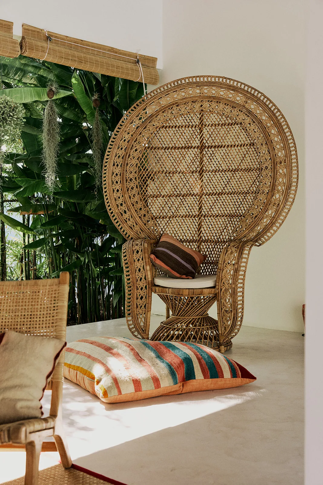 A rattan peacock chair in a sunlit corner of the villa