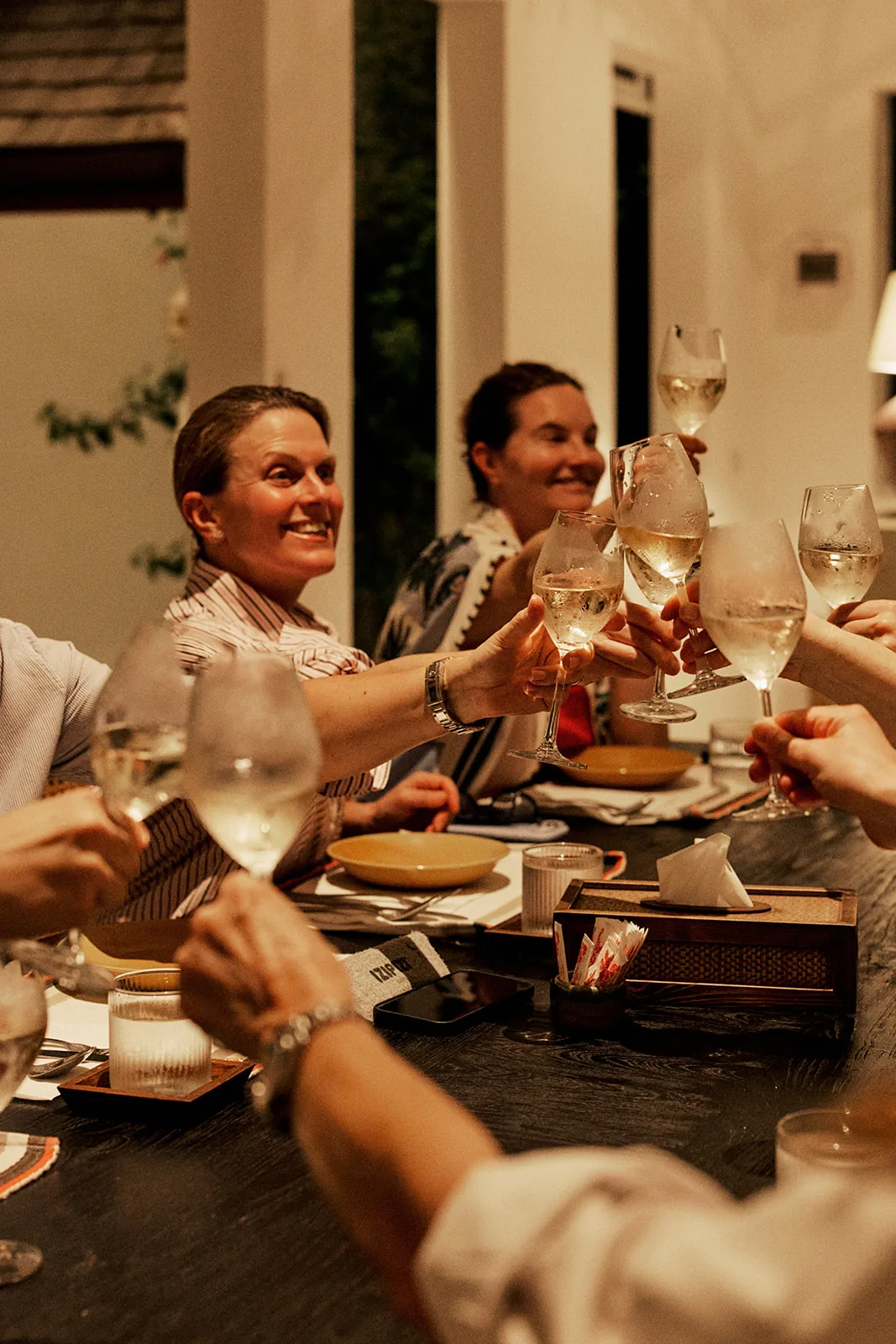Raising a glass at the dinner table