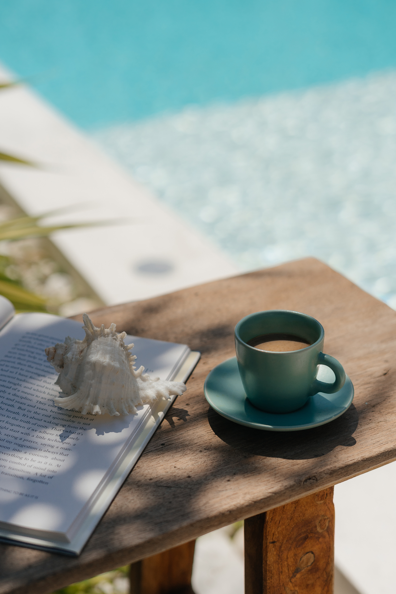 Coffee and book by the pool