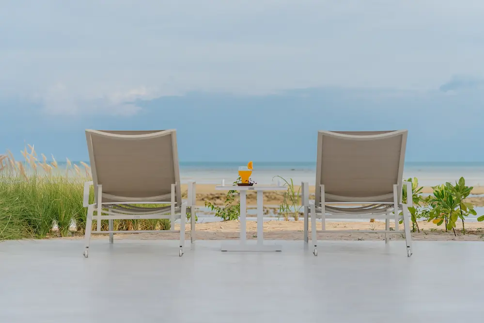 Two beachfront sunbeds overlooking the Gulf of Thailand at Villa Aditi, Koh Samui