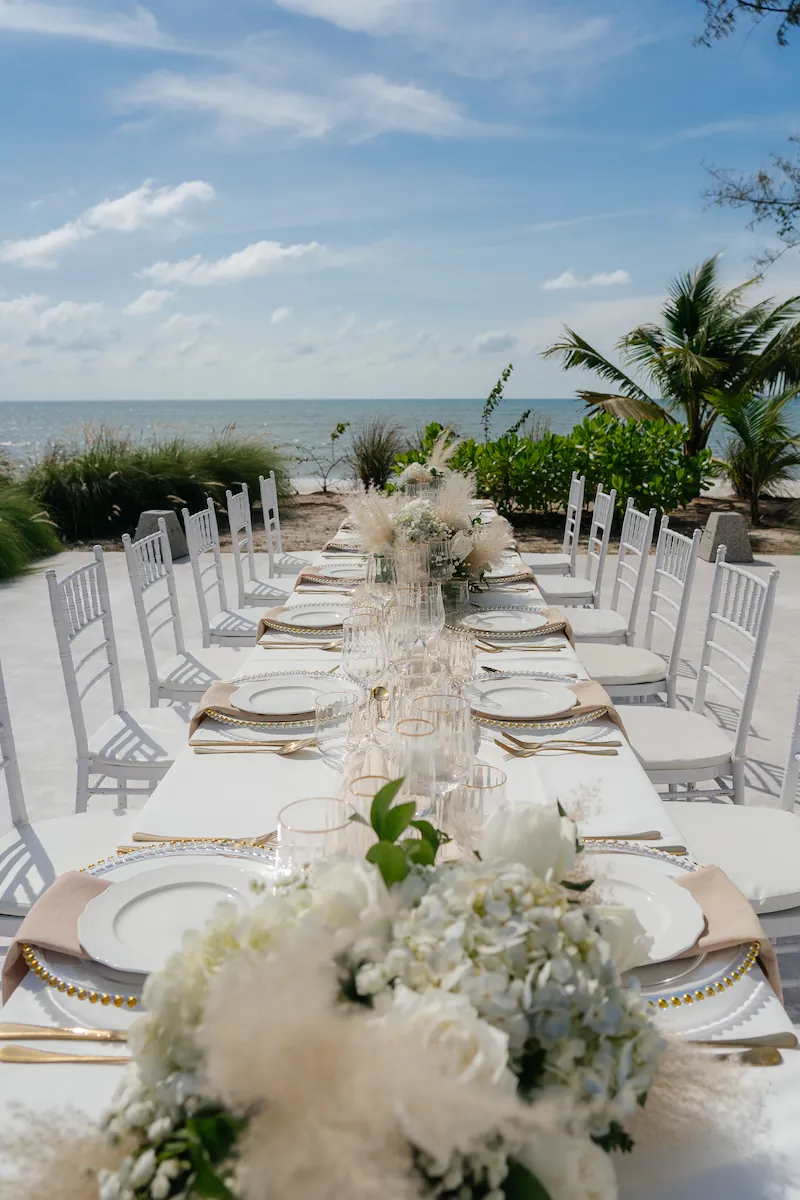 Beachfront wedding dinner table setting at Villa Aditi, Koh Samui